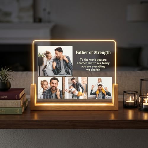 Image of Giftplease Personalized LED Photo Frame for Father with Wooden Base | Custom Photo Night Light for Dad | Engraved Acrylic Desk Decor | Birthday, Father's Day, Papa | Warm Glow