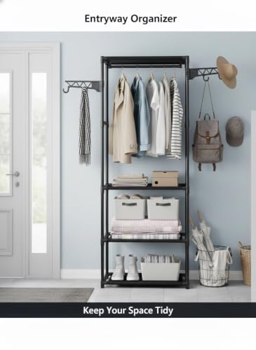 Image of AARKRI SALES 3-Tier Clothes Rack with Wheels, Double Hanging Rod Garment Rack, Multi-Layer Shoe Storage Organizer, Heavy Duty Metal Frame with Hooks for Bedroom Entryway (Black Garment Rack)