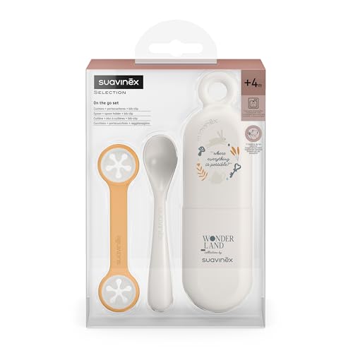 Miniatura 5 de Suavinex, Set Cuchara Y Estuche Portacucharas Y Sujeta-Baberos, Para Comer Fuera De Casa, Cubiertos Para Llevar, Con Cuchara De Aprendizaje, Apto Lavavajillas, Bebés 4 Meses, Diseño Wonderland, Beige
