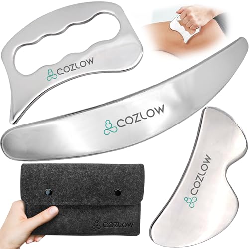 Cozlow 3-in-1 Muscle Scraper Tool Set - Skin Scraping Massage Tools for IASTM Therapy - Deep Tissue Gua Sha for Soft Tissue Mobilization Fascia & Myofascial Release - Stainless Steel Metal Blades