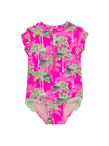 RuffleButts Girls UPF50+ Sun Protection Front Zipper Short Sleeve Rash Guard One Piece Swimsuit - Neon Palm Paradise, 3T