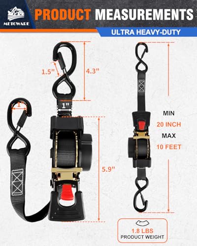 Image of METOWARE Retractable Ratchet Straps (2-Pack) - 1 in x 10 Ft (1500lb Break Strength) - Heavy Duty Auto Self Retracting Tie Down Straps for Truck, Trailer, Cargo Van, Motorcycle - Black