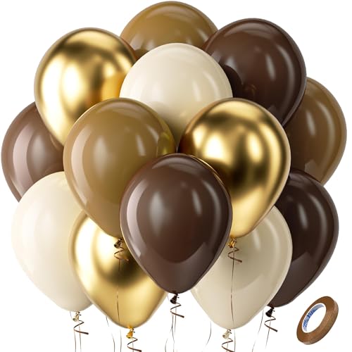 Bezente Brown and Gold Balloons Kit - 60pcs 12 inch Tan Sand White Latex Balloons Neutral Helium Fall Coffee Balloons for Baby Shower Gender Reveal Birthday Wedding Graduation Theme Party Decorations