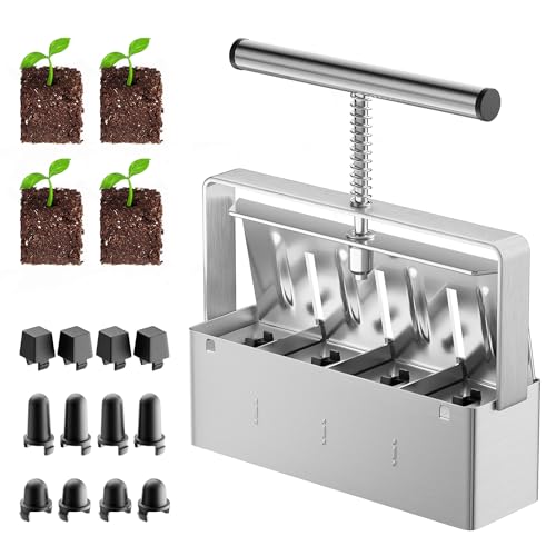 NVRGIUP Soil Blocker 4 Cell Soil Block Maker 2 Inch with 3 Sizes Seed Pins Seed Handheld Block Maker with Comfortable Handle Garden Blocking Tools for Seedings Cuttings Greenhouses