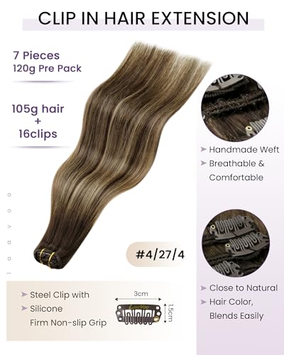 Image of LaaVoo Ombre Clip in Hair Extensions,Suitable for Fine and Thin Hair | Dark Brown To Caramel Brown Balayage, 16 Inch 120g 7Pcs, Full Head Straight Texture