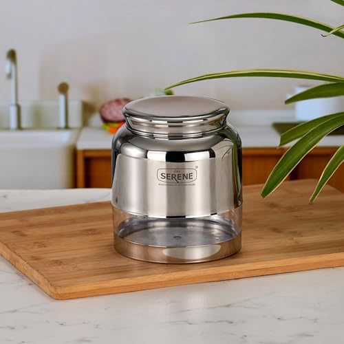 Image of Serene Stainless Steel Exotic See-Through Jar | Airtight Jars for Kitchen Storage | Premium Steel Jars with One Turn Lock Lid | Transparent Stainless Steel Containers | 1500ML | 1 PC