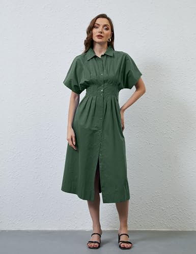 Image of Women Striped Button Down Shirt Maxi Dresses Summer Pleated Short Sleeve Collar Casual Corset Long Dress