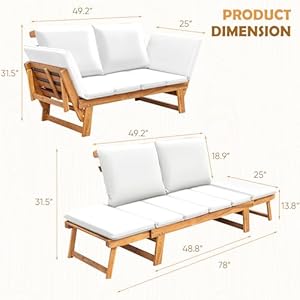 Greesum Patio Convertible Couch Sofa Bed with Adjustable Armrest, Acacia Wood Outdoor Daybed with Cushion & Pillow, Folding Chaise Lounge Bench for Porch Courtyard Poolside,White Greesum Patio Convertible Couch Sofa Bed with Adjustable Armrest Acacia Wood Outdoor Daybed with Cushion Pillow Folding Chaise Lounge Bench for Porch Courtyard PoolsideWhite