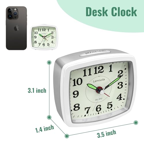 Image of Lamisola Analog Travel Alarm Clock for Bedroom, Small Desk Clock Silver | Retro Battery Clock for Bathroom Shelf Table Bedside, Night Light Silent Snooze Clear Display for Kids Senoirs Teens