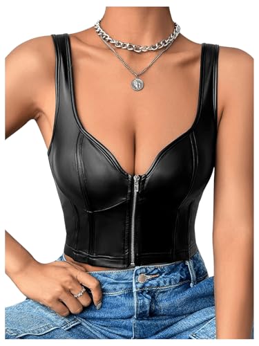 SHENHE Women's Casual Solid Sleeveless Spaghetti Strap Cami PU Leather Backless Crop Tops