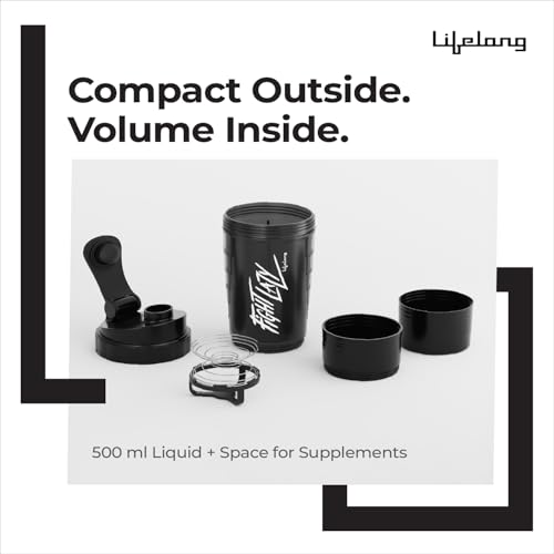 Image of Lifelong Protein Shaker Bottle for Gym | 500 ml Bottle| 2 Storage Compartments for Pre Workout & Supplements| Steel Whisk| Leakproof | BPA-Free Shaker For Gym | Sipper Water Bottle for Adults (Black)