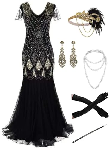 869A - Plus Size 1920s Vintage Fringed Gatsby Dimand Sequin Tassels Flapper Party Cocktail Maxi Dress with Accessories (Black Gold Maxi, 5X)