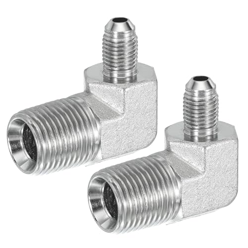 Image of PATIKIL 90 Degree Pipe Adapter, 2 Pcs 7 /16 inch Male 37 Flare JIC x 1 /2 inch BSPT Male Connector Carbon Steel Elbow Fitting for Air Hydraulic Fluid Fuel Water Oil, Silver
