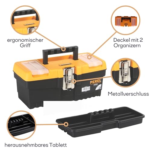 Perel Werkzeugkoffer Kunststoff leer, Werkzeugkasten leer, Werkzeugbox, Werkzeug Organizer Box, Tool Box, 2 Organizer im Deckel, Metallverschluss, schwarz/orange, 320 x 155 x 139 mm
