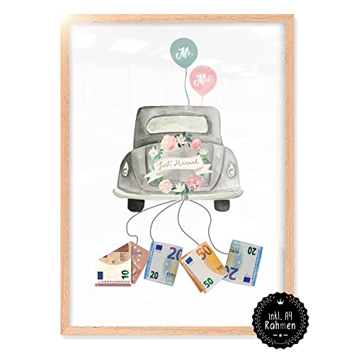 Geldgeschenk Hochzeit | Fertig GERAHMT | Hochzeitgeschenke für Brautpaar - Hochzeitsgeschenke Geld - Bilderrahmen Geldgeschenk | Just Married Auto | Stilvolles Geschenk Cover