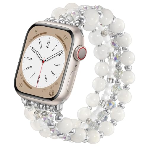 VISOOM Beaded Bracelet Compatible for Apple Watch Band 38/40/41/42mm Women-Pearl Apple iWatch Series 11 10 9 8 7 SE 6 5 4 3 2 1 Bands Dressy Fashion Cute Handmade Stretchy IWatch 10 42mm Strap Band