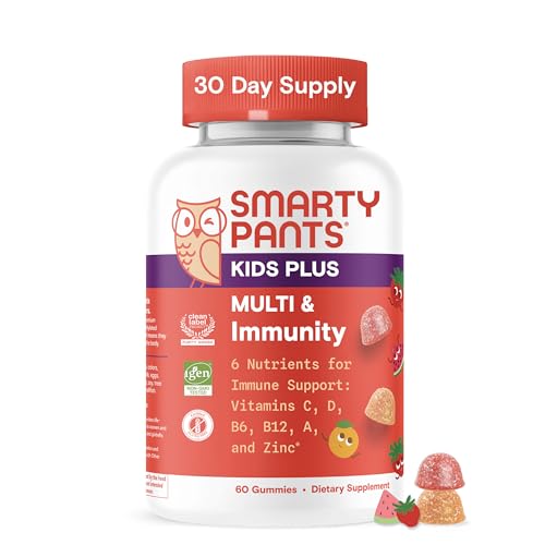 SmartyPants Kids Plus Multi & Immunity Multivitamin Gummies with Vitamins C D B6 B12 A Zinc Biotin Iodine Gluten Free Clean Label Two Fruit Flavors 60 Gummies (30 Day Supply)