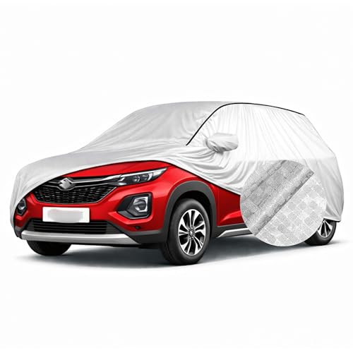 Image of SEAZEN Waterproof Car Cover for Maruti Fronx | Dustproof, UV & Scratch Resistant Soft Cotton Lining | Triple Stitched, Mirror Pockets & Elastic Hem | Metallic Silver with Black Piping