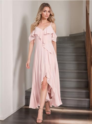 Cold Shoulder Bridesmaid Dresses for Women 2024 Chiffon Ruffle A-Line Hi-Lo Formal Evening Gowns V-Neck Open Back2