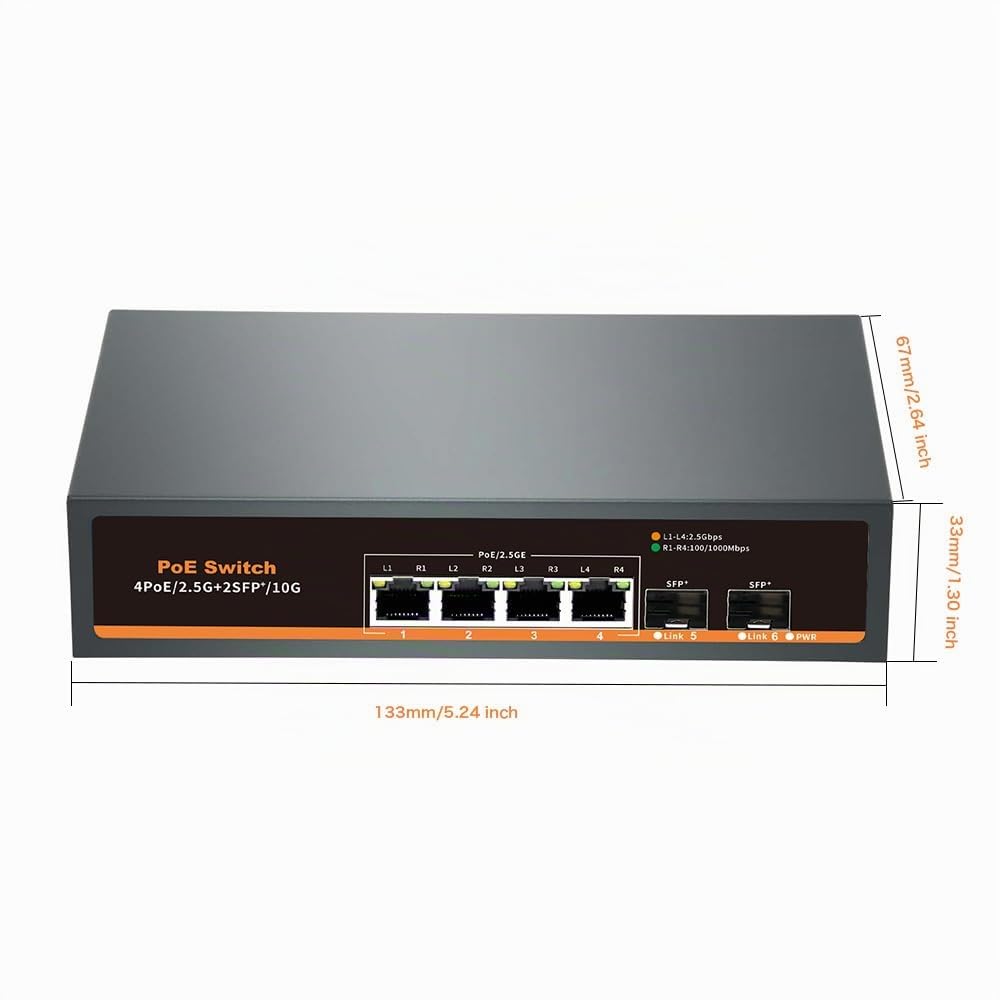 Commutateur PoE Non géré 2,5 GB/s avec 4 Ports 2.5G Base-T et 2 Ports Uplink 10G SFP, Compatible avec 100/1000/2500Mbps, Design sans Ventilateur, Commutateur réseau 2.5Gb en métal (6)