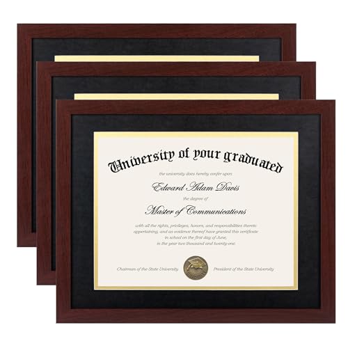 Image of upsimples Diploma Frame with HD Glass, 11x14 Mahogany, 3 Pack | Certificate Degree Frame, Fits 8.5 x 11 with Mat, Graduation Gift for Wall and Tabletop, Black & Gold Double Mats