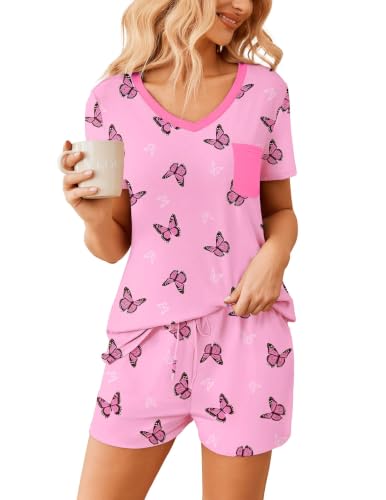 Image of Ekouaer Womens Pajama Sets Short Sleeve Pajamas for Women Sets Soft Lounge Sets Casual V Neck Sleepwear PJS