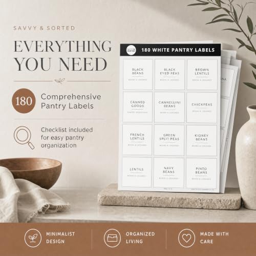 Image of SAVVY & SORTED Minimalist Pantry Labels, 180 Waterproof Vinyl Stickers for Food Containers - Kitchen Labels for Organizing Storage Bins, Jars, Kitchen