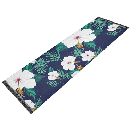 Hibiscus Tropical Blue Leaves Runner Rug for Hallways Kitchen Rugs Washable Rug for Entryway Bathroom Living Room