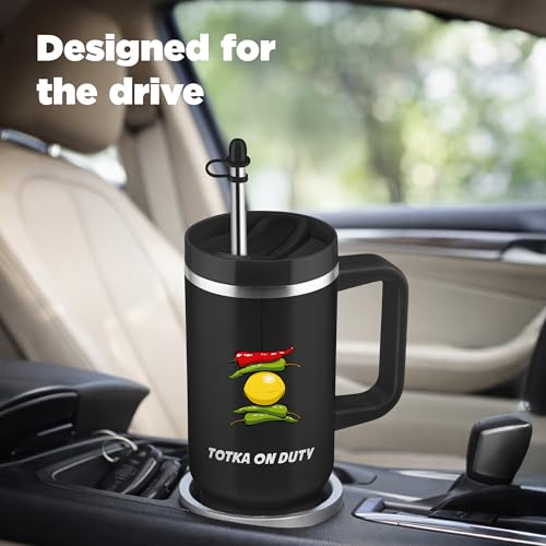 Image of MILTON Malmo 1200 Thermosteel Double Wall Vacuum Insulated Stainless Steel Tumbler with Handle 1100ml, Travel Mug with Straw,Silicon Cap,Cleaning Brush,Hot & Cold Beverage Flask,Totka Black