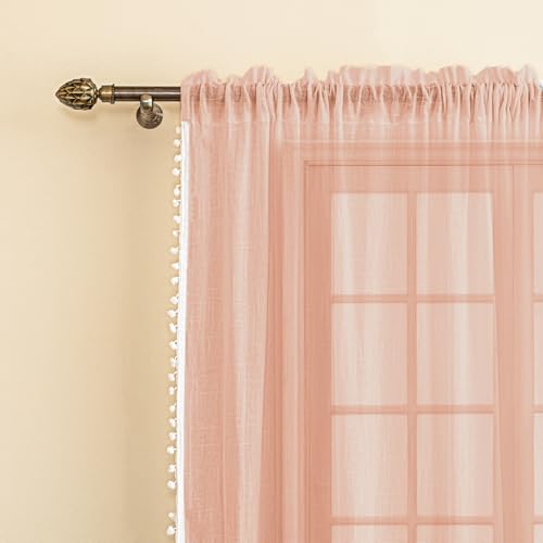 Image of HOMEMONDE Sheer Curtains 6 Feet Long One Piece - Both Sides Pompom Window Curtain, Transparent and Light Filtering, Hang with Rod Pocket - (72 Inch, Peach)
