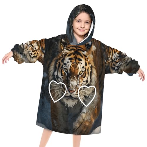 Wearable Blanket Hoodie for Kids, Majestic Tiger Fleece Sweatshirt Blanket Oversized Blanket Sweatshirt with Pocket Flannel Warm Hooded Blanket 6-10 Year Old Girl Boy Gift, One Size