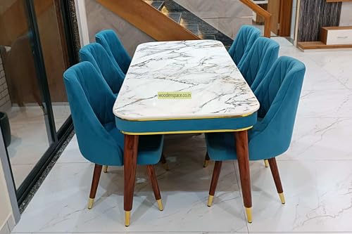 Image of WOODEN SPACE 6-Seater Wooden Dining Table Set | Nano Composite Marble Top | Solid Wood Base | Modern Dining Room Furniture with 6 Chairs (Blue)