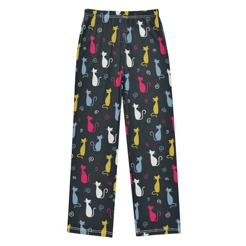 Colorful Kitten Cat Print Boys Long Pants Soft Trousers Elastic Waist Kids Lounge Bottoms with Pockets S-XL