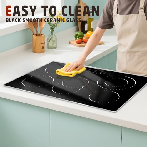 Image of Hobsir 30 Inch Electric Cooktop, 5 Burners 30 Cooktop, Electric Stove Top Burner, 8400W Drop-in Ceramic Stove with Glass Metal Frame, Dual Zone, Timer, Safety Lock, 220-240V, Hard Wired (No Plug)