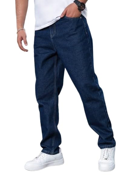 Image of Men's Relaxed Fit Stretch Denim Jeans - Mid-Blue Wash Straight Leg Pants for Everyday Wear | Comfortable Casual Jeans with Deep Pockets