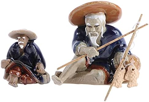 DOITOOL 2pcs Miniature Fisherman Figurines Chinese Mudman Sitting Fishing Garden Statue Ornament for Micro Landscape Fish Tank Zen Garden Sand Fairy Garden Decor