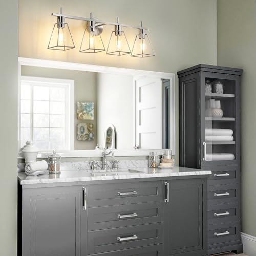 Image of Industrial Bathroom Vanity Lights: 4-Light Silver Brushed Nickel Vintage Metal Cage Wall Sconce - Rustic Farmhouse Light Fixture Over Mirrors Cabinet for Bath Hallway