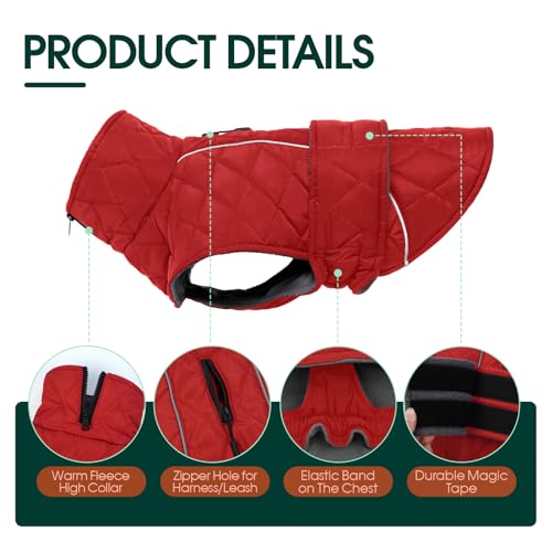 Kuoser Hundemantel Wasserdich Winterjacke für Große Hunde, Warmer Hunde Mantel mit Fleece, Reißverschluss-Leinenöffnung, 2XL Rot