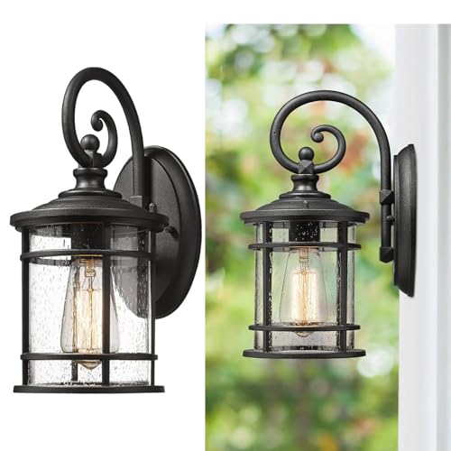 EMLIVIAR Outdoor Wall Light Fixture - Modern Exterior Wall Sconce for House with Seeded Glass Shade, 12.4 Inch Height, Black Finish, XE229B-S BK