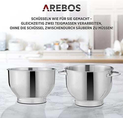 Bild 3 - Arebos Küchenmaschine 1500W Creme | Knetmaschine mit 2x Edelstahl-Rührschüsseln 4,5 & 5,5L | Geräuscharm | Küchenmixer mit Rührhaken, Knethaken, Schlagbesen und Spritzschutz | 6 Geschwindigkeiten