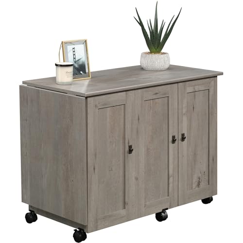 Sauder Craft Cart Storage Cabinet, Rolling Sewing Table with Expandable Top, Mystic Oak