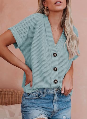Image of Dokotoo Womens Summer Tops 2026 Waffle Knit Button Down Shirts | Trendy,V Neck,Loose Fit,Jacket,Short Sleeve,Summer Cardigan,Cropped,Shacket,Going Out Outfits,Dressy