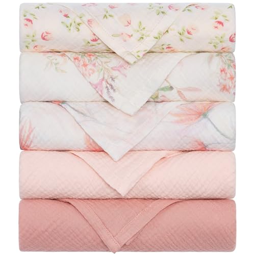 Yukkidds Mulltücher Baby Spucktücher 100% Baumwolle Spucktuch 60x60 cm Saugfähig und Atmungsaktive Wickeltücher Musselintücher 5er Set für Neugeborene Junge und Mädchen Rosa Blumig