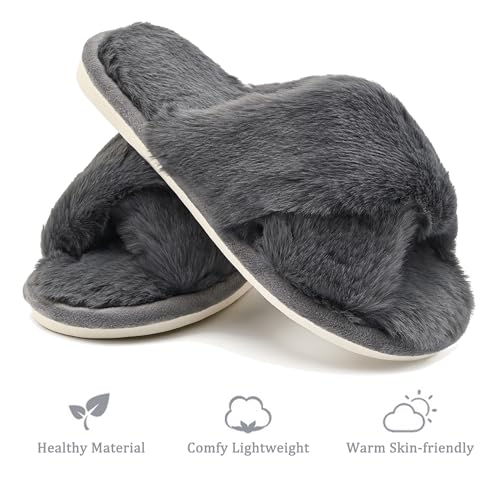 sharllen Women's Fuzzy Cross Band Slippers Open Toe Cozy Plush Furry Ladies Slippers Comfy Memory Foam Slides Slippers with Arch Support Fluffy House Slippers Home Bedroom Indoor Outdoor3