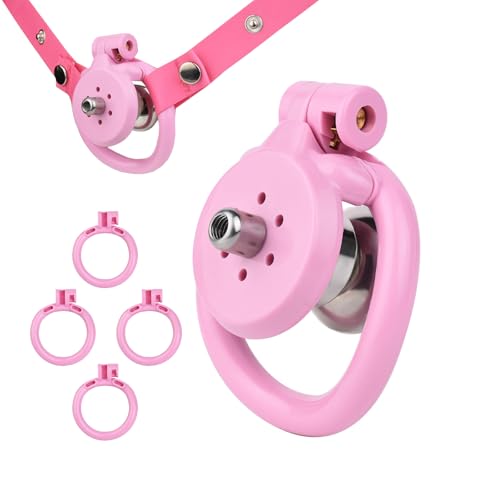 Inverted Chastity Cage Sexspielzeug Peniskäfig mit Urinalhalterung und 4 Verschiedenen Ringen Keuschheitskäfig mit Unsichtbarem Schloss und Gürtel zum Zurückhalten des Penis eines Mannes (B Pink)