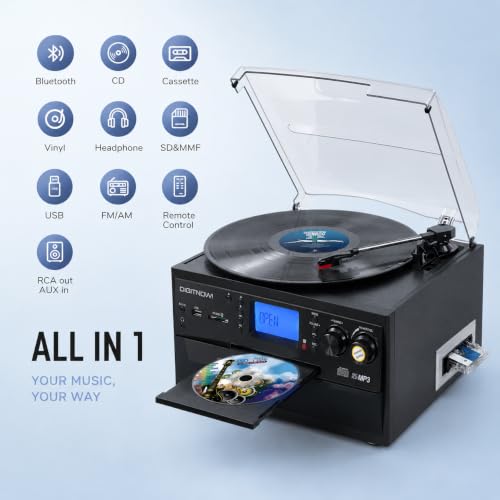 Image of FEKTIK 10-in-1 Bluetooth Turntable with Built-in Speaker, Vinyl Record Player CD Cassette and FM Radio Combo, AUX in RCA Out USB MP3 Recording Headphone Jack Compact Stereo System for Home