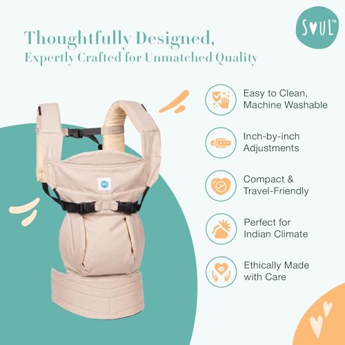 Image of Soulslings 4-in-1 Lali Baby Carrier Bag, 100% Cotton - Oat | Compact & Lightweight (400g) | Adjustable for 0-24 Months (4-15kg) | Machine Washable & Handwashable | Breastfeeding Friendly |