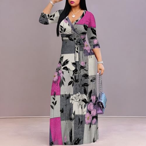 Image of Plus Size Dresses for Women Print Maxi Dresses 3 /4 Sleeve with Belt