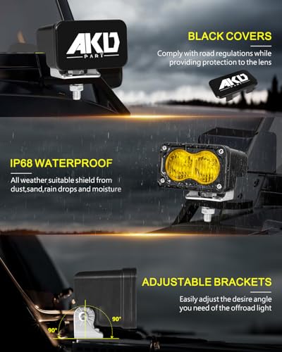 Image of 3 inch 40W Yellow Flood LED Pods with Wiring Harness & Black Covers | High Intensity CREE LEDs Yellow Fog Lights Small Chase Lights 2 Packs for Trucks Motorcycle SUV UTV ATV Dirt Bike