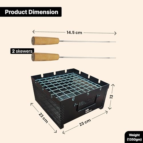 Image of The Better Home Heavy-Duty Iron Charcoal Grill - Sturdy Barbecue Sigdi for Home & Garden with 2 Rust-Proof Stainless Steel Skewers | Portable BBQ Set with Wooden Handles & Mesh Grill (Silver)